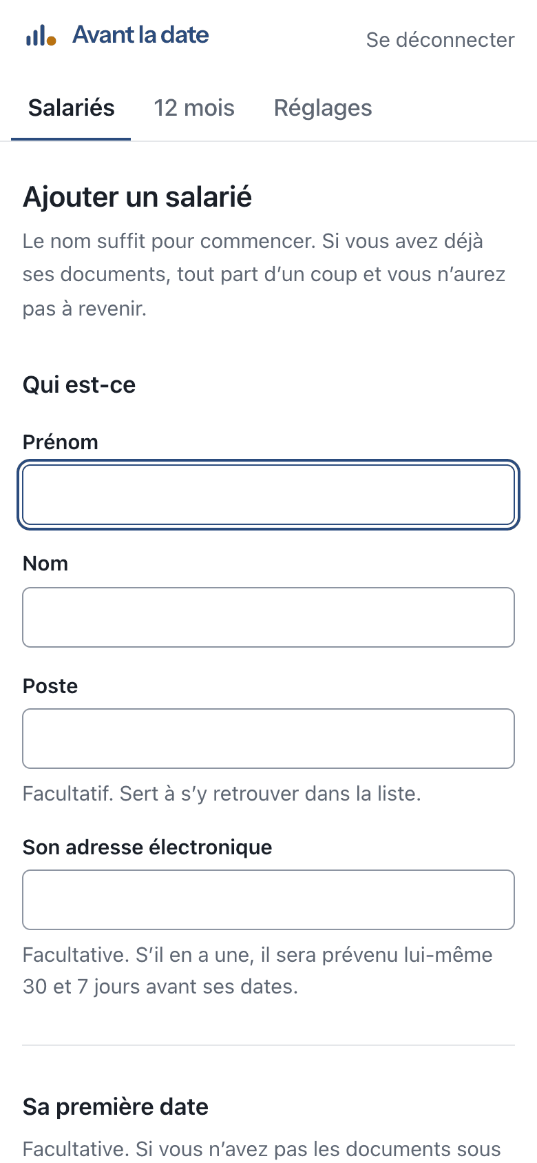 L’écran réel d’ajout d’un salarié : prénom, nom, poste, puis sa première date